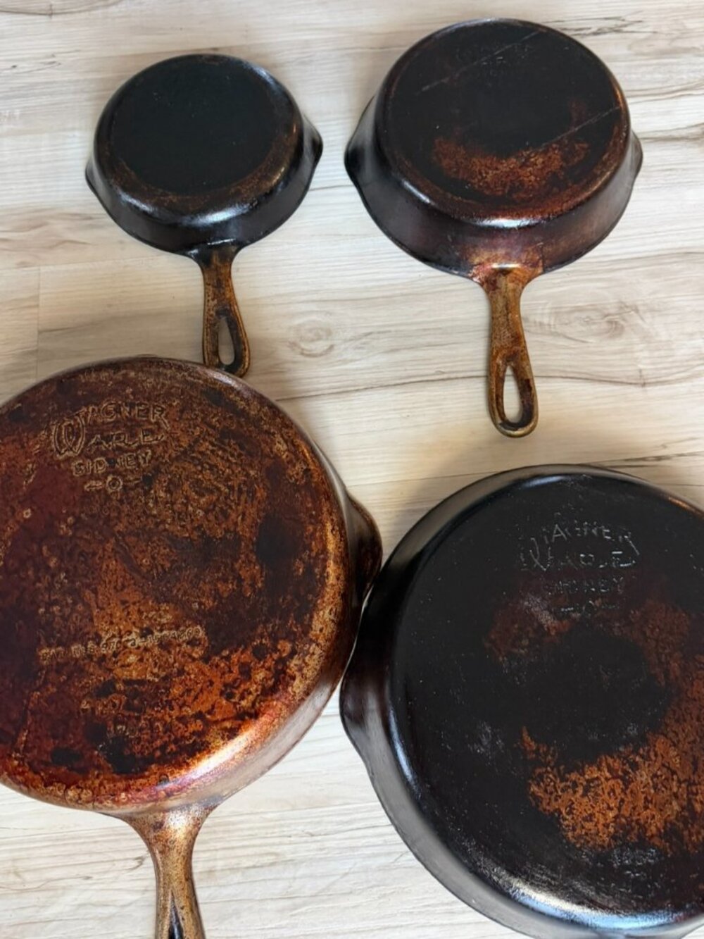 Vintage Wagner Ware Sidney O Cast Iron Skillet Lot- 4Pc Pans- Partially Restored